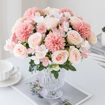 1БР шест рози, коприна букет от хризантеми, изкуствени цветя за сватбената арка, Коледна декорация за дома, реквизит за снимки