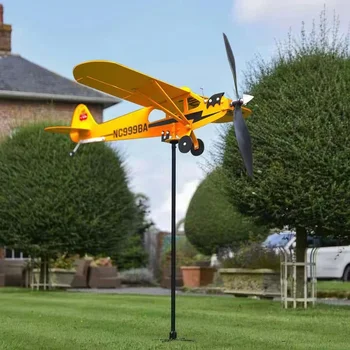 3D Piper Cub Wind Spinner Самолет Метален самолет ветропоказател Външна покрив Индикатор на посоката на вятъра ветропоказател градински интериор