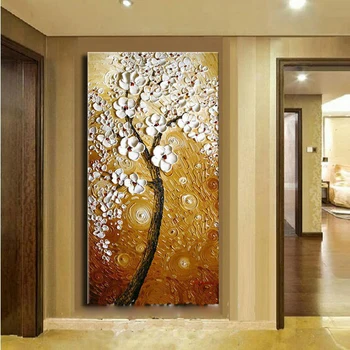 Безплатна доставка, 100% ръчно рисувани живопис с маслени бои, бяло цвете, дърво, абстрактна живопис с маслени бои върху платно за декорация на дома