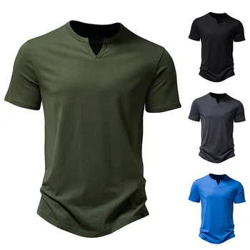 2023 Нова мъжка тениска с къс ръкав, мъжки однотонная ежедневни тениски с V-образно деколте, европейска лятна мъжка тениска с къс ръкав