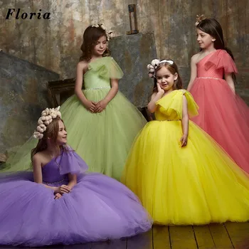 4 Цвят, облекло за Сватбеното парти За момичета, Принцеса Рокля с едно рамо, Расшитое Мъниста, Детски Рокли За Причастие, Бална Рокля, Рокля С Цветя За Момичета
