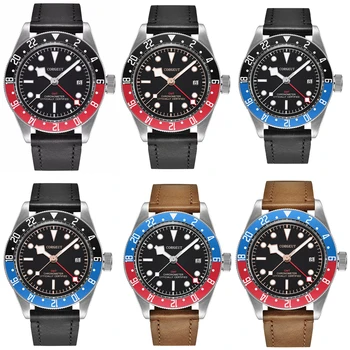 Мъжки автоматични механични часовници Corgeut 41 мм, луксозни кожени часовници GMT, военни, спортни часовници за гмуркане, светещи механични ръчни часовници