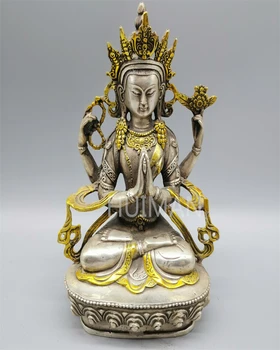 Съберете Порцелан фина работа, мельхиоровая позлатен скулптура, 4 ръце на Буда Гуаньинь, метални изделия, украса за дома