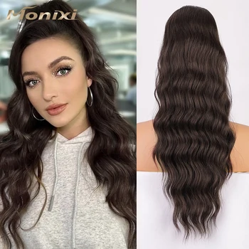 MONIXI Синтетичен дълги вълнообразни опашка, кафяв шнур, разширения на опашката за жени всеки ден използват топлоустойчиви косата влакна