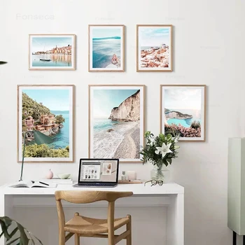 Плакат с морска гледка Франция, Гърция, на Средиземноморската архитектура, морския плаж, природен пейзаж, платно, стенно изкуство, живопис, интериор на стаята