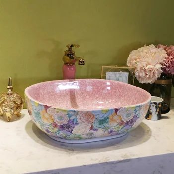 Овална китайски мивка в европейски стил, художествена плот Цзиндэчжэнь, керамичен умивалник, розова мивка за баня