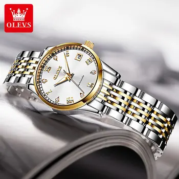 Марка OLEVS, луксозни дамски автоматичен часовник, прости механични часовници е от неръждаема стомана, светещи водоустойчиви дамски часовници с диаманти