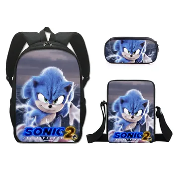 Комплект от три елемента, нова раница Sonic, училищен чанта от полиестер, чанта за моливи, малка чанта за начално и средно училище