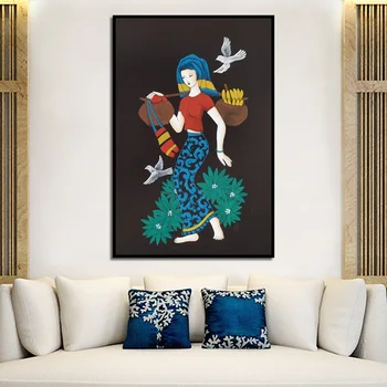 Скандинавски стил, на гърба на босоногая жена, листа, птици, платно, маслени картини, плакати и щампи, стенни картини за декорация на всекидневна