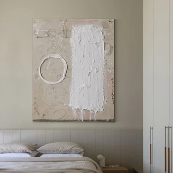 Ръчно рисувани Бяла абстрактна живопис с маслени бои Модерна дебела текстура Голям стенен платно Естетика украса на хола спални