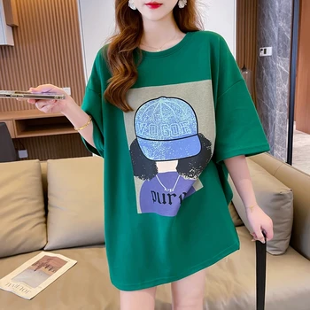 Лятна нова корейска версия със средна дължина, Сплит Карикатура къс ръкав тениска дамски градинска дрехи, Свободни топове Y2k графични тениски