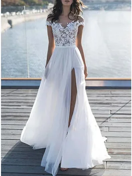 Жена Сватбена рокля в стил Бохо с открити рамене, Дълбоко V-образно деколте, 2023, Трапециевидное рокля с отворен гръб, Vestidos De Новия, Произведено по поръчка, Robe de mariée