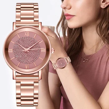 Луксозни дамски кварцов часовник с диаманти 2023, изискана и женствена магнитни ръчен часовник от розово злато, качеството на красиво момиче