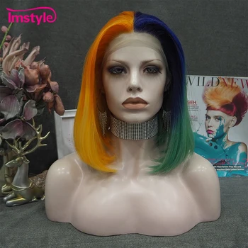 Imstyle Кратък перука Боб Омбре Цветни синтетични перука на дантели оранжево-зелен многоцветни перуки за жени, cosplay, топлоустойчиви
