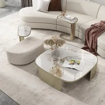 Луксозна всекидневна Комплект от 3 бели масички Малка мебели с мраморната трапезария, кухненски маси, Салон арт Нуво YH