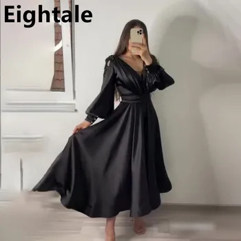 Вечерна рокля Eightale 2022 чаена дължина, черна къса рокля за абитуриентски бал, атласное вечер арабското вечерна рокля с пищни ръкави, Дубай халат, женски вечер