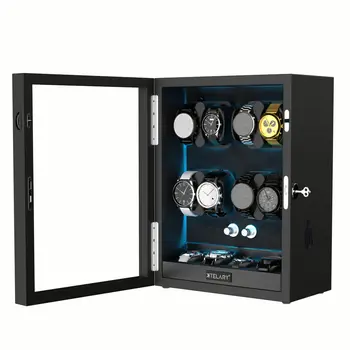 Устройство за навиване часа на 8 Автоматични часовници с 4 Допълнителни Шкафчета За съхранение на Синя Led Дисплей С Японския мотор - Черен