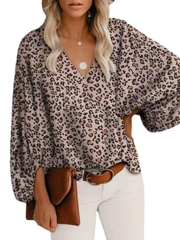 Летни дамски блузи с леопардовым принтом, ризи 2023, Пролет-есен, Всекидневни дълъг ръкав, Свободен пуловер с V-образно деколте, блузи, потници