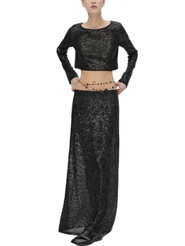 Жена Съкратен топ с дълъг ръкав, украсени с пайети - Яркото блуза цвят Металик за вечерни партита, клубове и